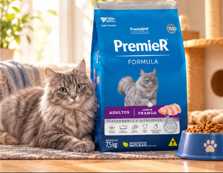 Gato cinza deitado ao lado de um pacote de ração PremieR Formula para gatos adultos sabor frango
