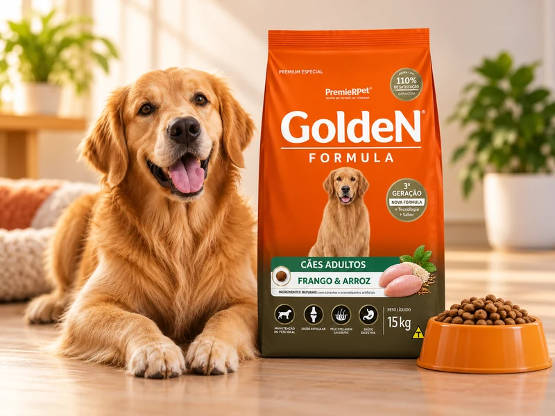 Cachorro ao lado de um pacote de ração Golden Formula