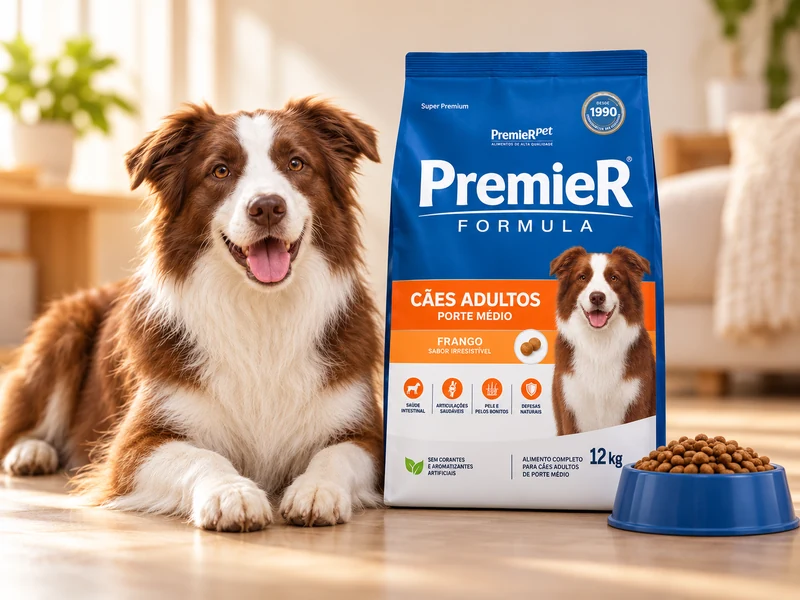 Cachorro ao lado de um pacote de ração Premier