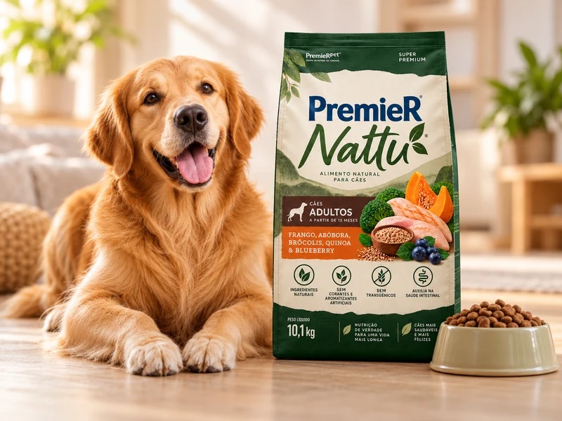 Cachorro ao lado de um pacote de ração Premier Nattu