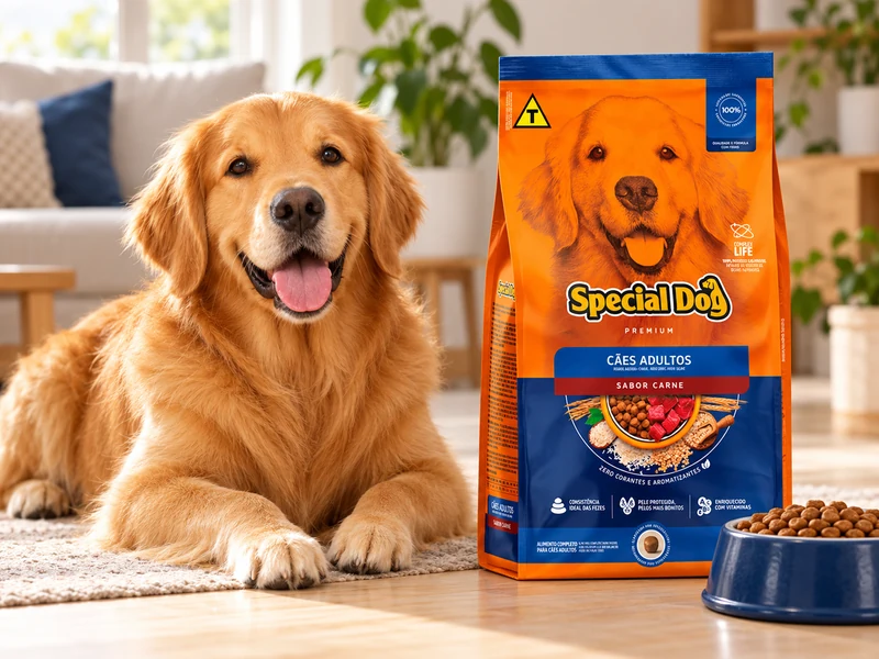 Cachorro ao lado de um pacote de ração Special Dog