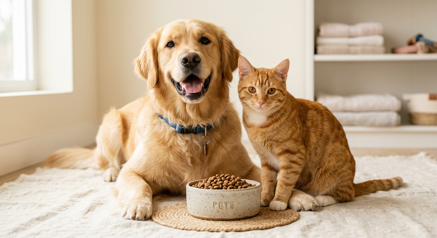 Cachorro e gato felizes ao lado de um pote de ração